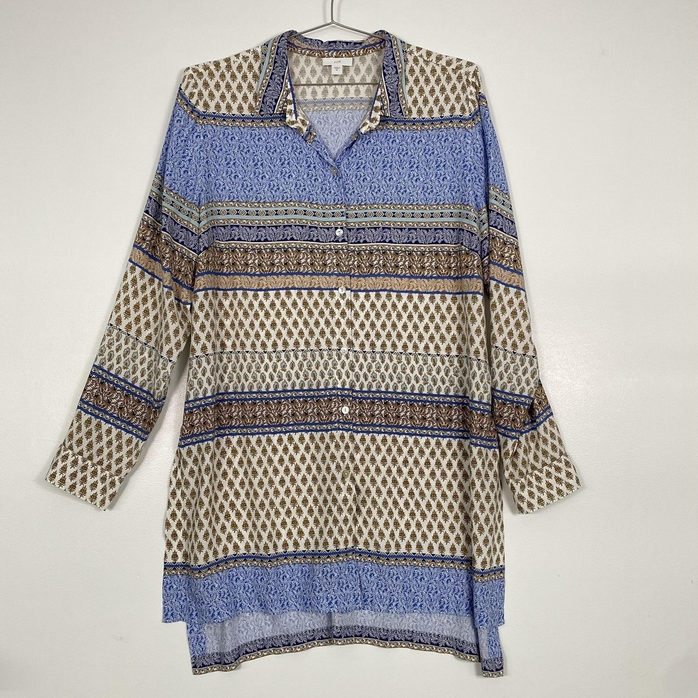 J Jill Shirt Womens Medium Blue Floral Button Front Long Sleeve Tunic Top Rayon
